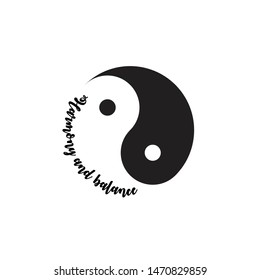 Creative Yin and Yang sign on black background with "harmony & balance" typography. Isolated sacred geometry, feng shui icon on white background. Simple flat design symbol, logo, tattoo.