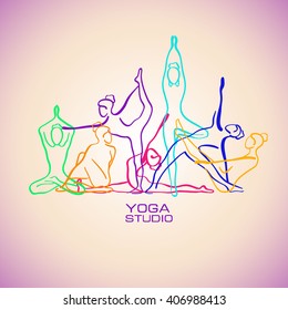 Creative Yoga logo. Colorful female silhouettes doing yoga poses. Yoga concept design.