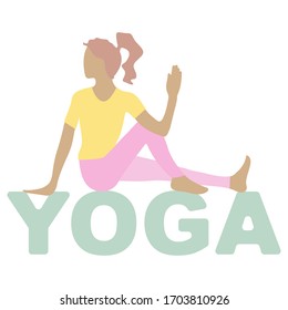 Creative yoga logo design. Beautiful young woman in sportswear is sitting in asana yoga pose on the word yoga. Marichyasana. Marichi’s Pose. Vector flat illustration isolated on white background.
