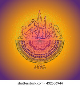 Creative yoga studio concept. Colorful female silhouettes doing yoga poses and mandala design. 