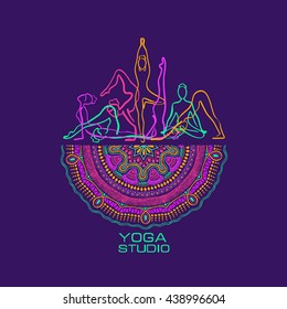 Creative yoga studio concept. Vibrant colorful female silhouettes doing yoga poses and mandala design. 