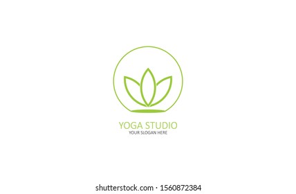 creative Yoga studio Logo template vector icon design with symbols of people meditating and lotus flowers.