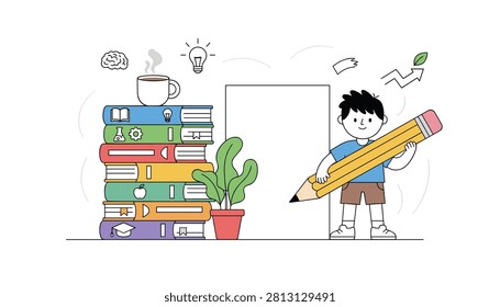 Creative young boy holding a giant yellow pencil next to a large stack of colorful books and a steaming cup of coffee in a simple line art style.