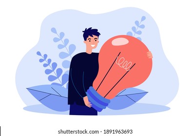 Creative young character holding big lightbulb isolated flat vector illustration. Cartoon happy man creating new idea. Business, work and brainstorm concept