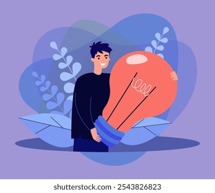 Creative young character holding big lightbulb isolated flat vector illustration. Cartoon happy man creating new idea. Business, work and brainstorm concept