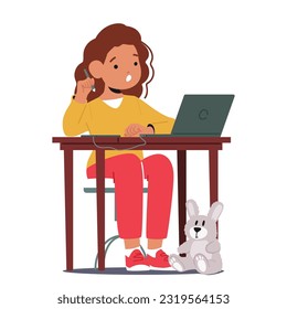 Creative Young Girl Character Immersed In Technology. Kid Sit At Desk With Laptop And Graphic Tablet, Exploring Digital Realms And Unleashing Artistic Potential. Cartoon People Vector Illustration