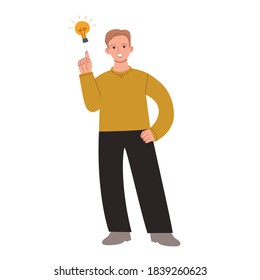 Creative young man having an idea, solution with lamp bulb . Solved question. Hand drawn flat vector cartoon  illustration 