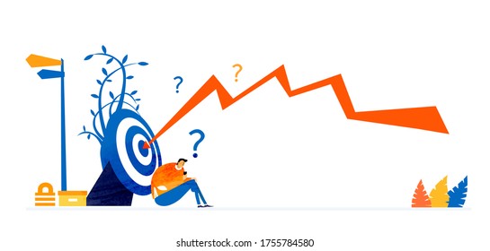 Creative young man sitting next to the target and working out how to get it. Business concept illustration. 