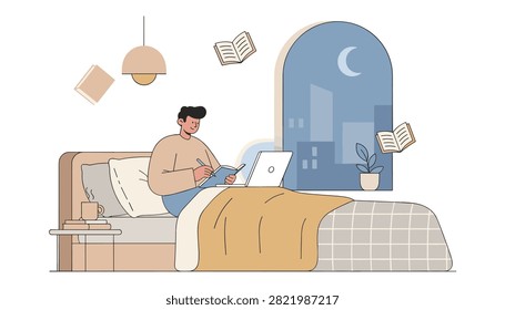 Creative young man writing in a notebook and working on a laptop while sitting on his cozy bed during a starry night.