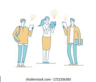 Creative young people. Teenagers reading books, students finding solutions. Man woman have new ideas vector illustration