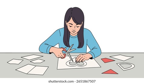 Creative Young Person Engaged in Artistic Crafting Activity at a Table with Paper Shapes and Scissors