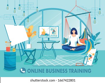 Creative Young Woman in Her Painting Studio, Sitting in Cozy Hammock, Enjoying Opportunity to Meditate, Waiting for Lesson to Start. Online Business Training for New Professional Skills Development.