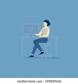 A creative young woman sitting at the table and working on the computer. Vector illustration of freelance work. Isolated on blue background