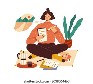 Creative Young Woman Thinking And Writing With Papers And Pens. Writer Sitting On Floor At Home, Imagining And Creating. Creation Process. Flat Vector Illustration Isolated On White Background