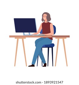creative young woman using desktop character vector illustration design