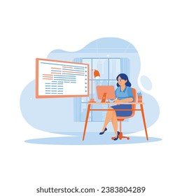 Creative young woman working from home at night. Write code to develop software on desktop computers. Software developers concept. trend modern vector flat illustration