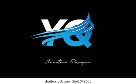 Logotipo de la letra inicial de Creative YQ con Elementos azules de la onda. Diseño de marca creativa moderna sobre fondo negro