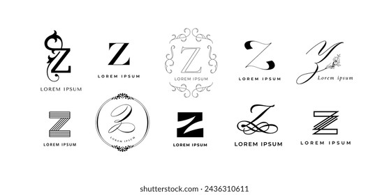 Emblema de Creative Z. Letra z monograma para la marca vintage y moderna. Conjunto de iconos vectoriales de plantilla inicial de nombre de negocio. Letras de lujo y elegantes con diseños florales y de remolinos de colección aislada