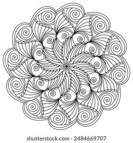 Creative zen mandala with spirals, fantasy doodle coloring page for activity and design