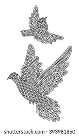Creative zentange birds. Decorative dove and sparrow. Black and white colors. Good for for T-shirt design, bag, card, coloring book, etc. Vector illustration