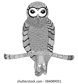 Creativo estilo zentangle Owl Bird con un patrón de doodle étnico floral. Ilustración dibujada a mano para la página de coloreado antiestrés para adultos.