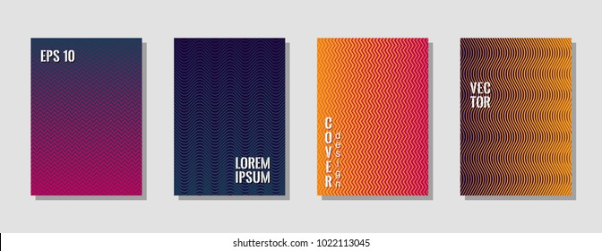 Creative zig zag lines gradient texture curves background for fashion cover. Wavy stripes and zig zag vector halftone lines texture prints set in red, orange, darkb blue and magenta colors.