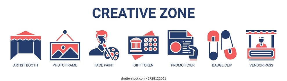 Creative Zone web banner icon vector illustration concept with icon of artist booth, photo frame, face paint, gift token, promo flyer, badge clip, vendor pass.
