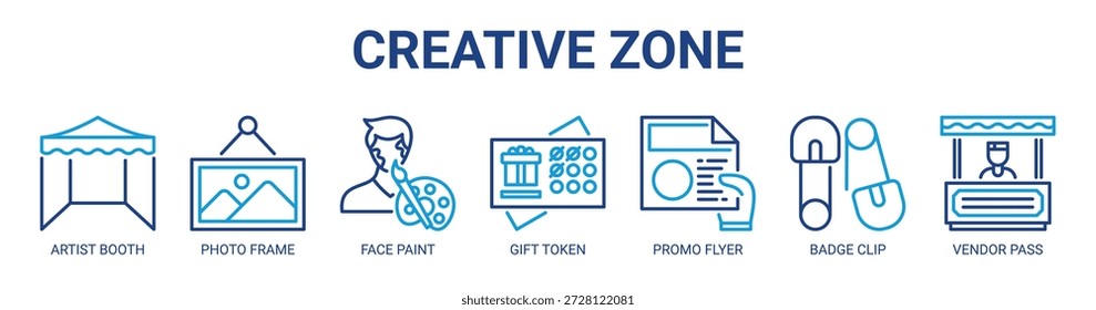 Criativa Zona web banner ícone vetor ilustração conceito com ícone de cabine de artista, moldura de foto, pintura de rosto, token de presente, folheto promocional, clipe de crachá, passe de fornecedor.