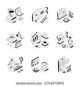 Creatively crafted data analysis isometric illustrations set