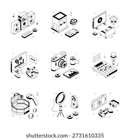 Criativamente criado gadgets digitais e dispositivos de entretenimento ilustrações isométricas conjunto
