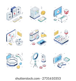 Criativamente criado gadgets digitais e dispositivos de entretenimento ilustrações isométricas conjunto