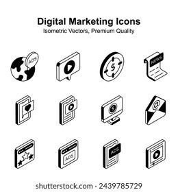 Creatively crafted digital marketing isometric vectors set, ready to use in websites and mobile apps