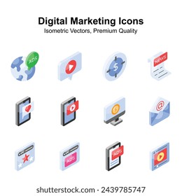 Kreativ gestaltete isometrische Vektoren für digitales Marketing, die in Websites und mobilen Apps verwendet werden können