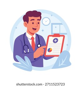 Ilustração plana e criativa de um médico segurando uma prancheta médica durante a consulta do paciente.