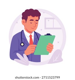Ilustração plana e criativa de um médico segurando uma prancheta médica durante a consulta do paciente.