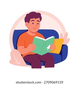 Ilustración plana creativamente diseñada de un hombre leyendo un libro pacíficamente