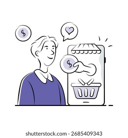 Criativamente desenhado à mão ilustração da oferta cashback para compra on-line.