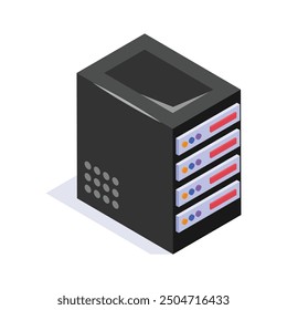 Creatively crafted isometric icon of a server rack with multiple drives and indicators
