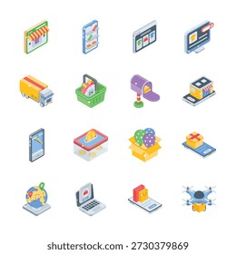 Creatively crafted isometric set of online shopping icons, perfect for ecommerce.