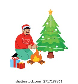 Creativamente diseñado increíble ilustración plana de fogata de Navidad