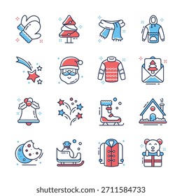 Creatively designed christmas and new year flat outline style icons