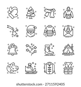 Iconos de estilo de contorno plano de Navidad y año nuevo diseñados creativamente