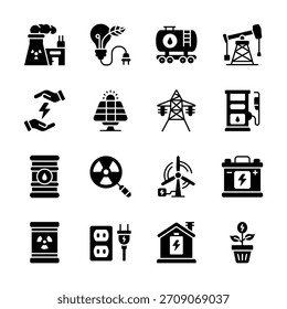 Kreativ gestaltete Kollektion von Energie- und Energiesymbolen