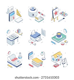 Colección creativamente diseñada de ilustraciones isométricas de útiles escolares
