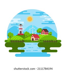 Creatively designed flat vector design, mini farmhouse landscape 

