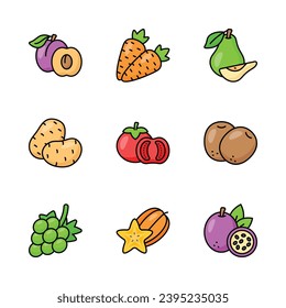 Fijación de iconos de frutas y verduras de diseño creativo, aislados en fondo blanco
