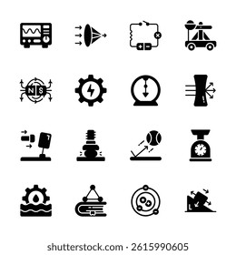 Creatively designed glyph collection depicting physics concepts