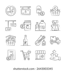 Creatively designed hand drawn collection of retailing icons
