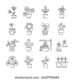 Creatively designed hand drawn icons depicting indoor and outdoor houseplants