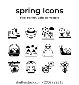 Conjunto de iconos de vectores primaverales, agricultura, jardinería y agricultura de diseño creativo